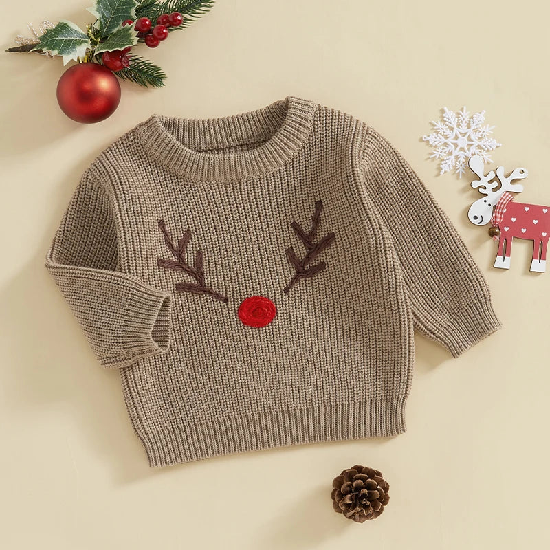 Baby Toddler Girls Boys Christmas Knit Sweater Long Sleeve O Neck Reindeer/Snowman/Joy Santa Hat Embroidery Pullover Knitwear Top