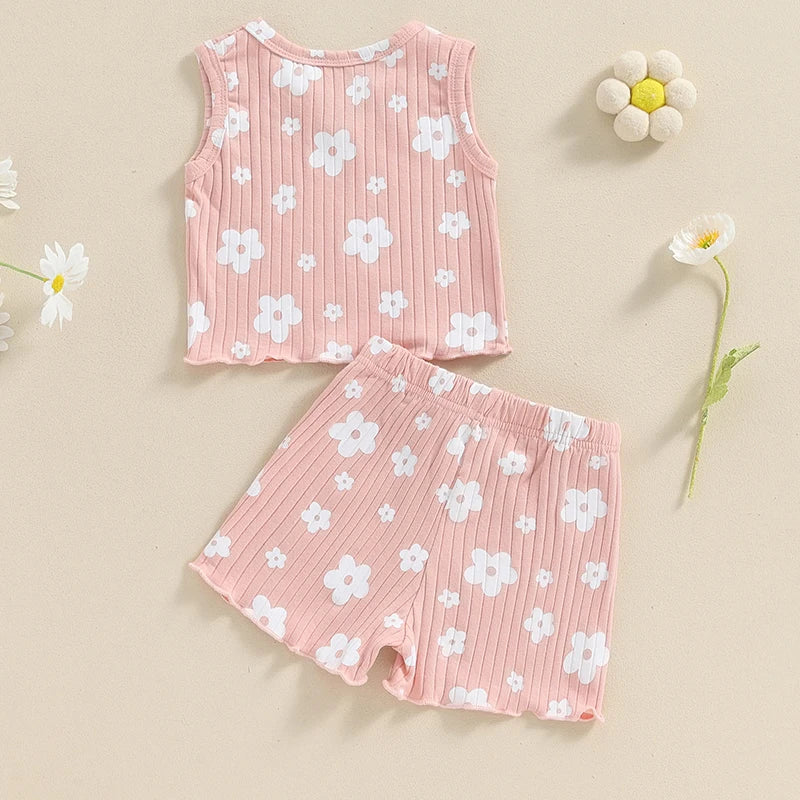 Baby Toddler Kids Girls 2PCS Sleeveless Round Neck Floral Flowers Print Tank Top with Elastic Waist Shorts Set