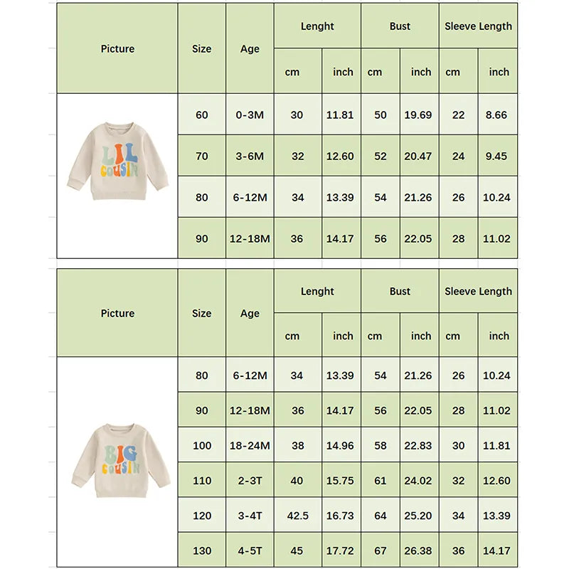 Baby Toddler Kids Girls Boys Matching Outfits Letter Print Big Lil Cousin Long Sleeve Crewneck Top