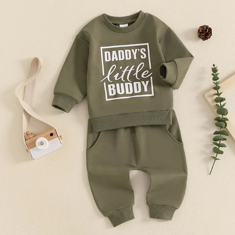 Baby Toddler Boys 2Pcs Daddy's Little Buddy Jogger Set Long Sleeve Letters Print Top with Elastic Waist Pants Outfit