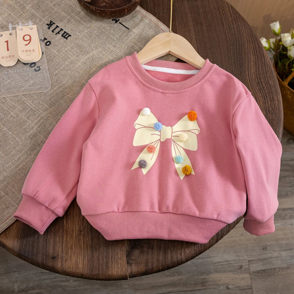 Baby Toddler Girls Long Sleeve Top Pom Pom Ball Bow Print Crewneck Pullover Winter Fall Clothes