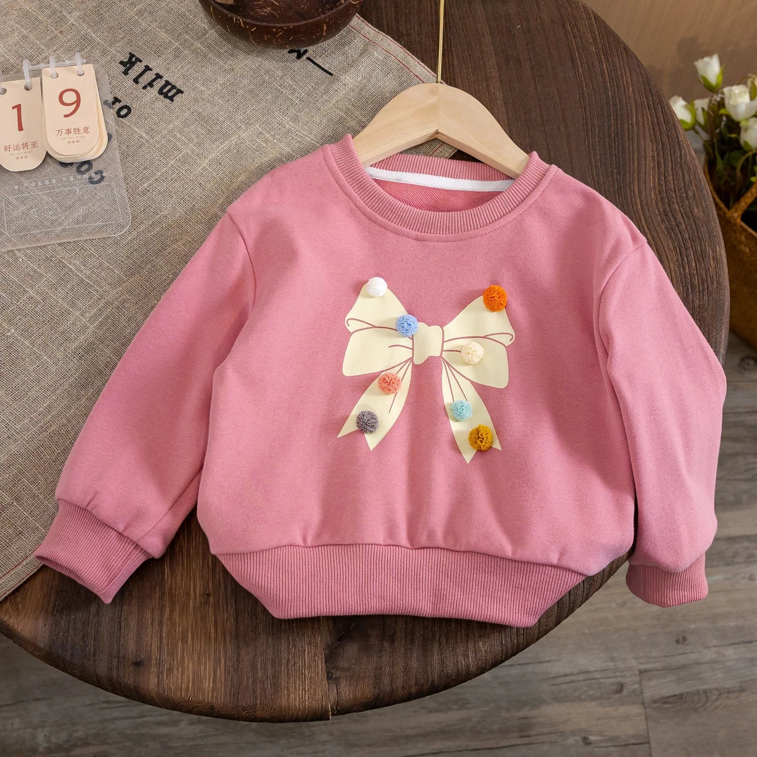 Baby Toddler Girls Long Sleeve Top Pom Pom Ball Bow Print Crewneck Pullover Winter Fall Clothes