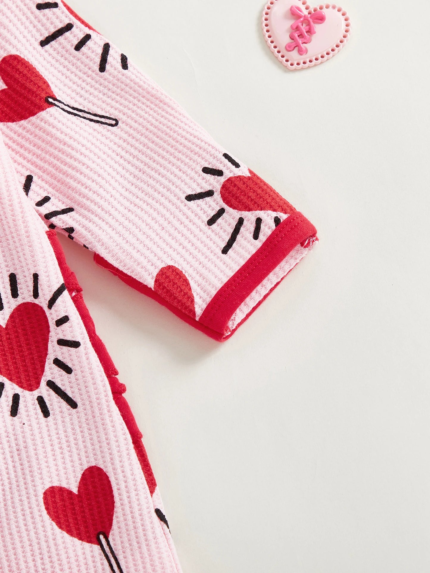 Baby Girl 2Pcs Valentines Day Zipper Romper Heart Candy Pattern Long Sleeve Zip Up Round Neck Footed Jumpsuit with Bow Headband Set