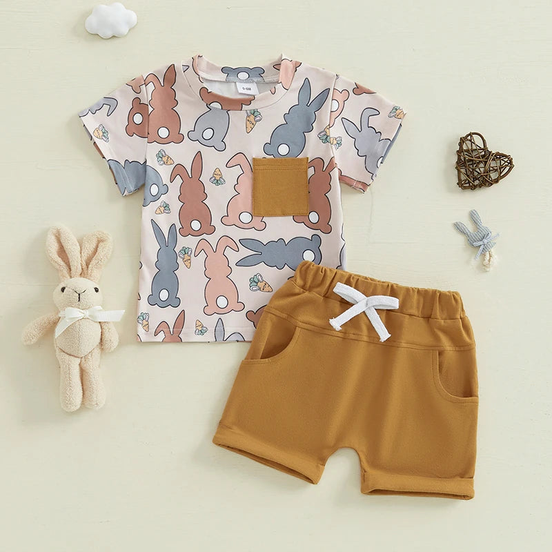 Baby Toddler Boys 2Pcs Easter Shorts Set Carrot Bunny Print Short Sleeve Round Neck Top Elastic Waistband Shorts