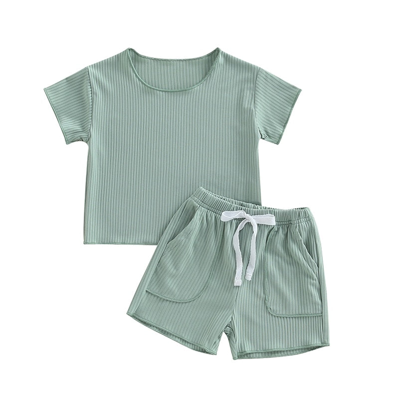 2pcs Baby Boy Striped Ribbed Short-sleeve Tee and Heathered Shorts Set