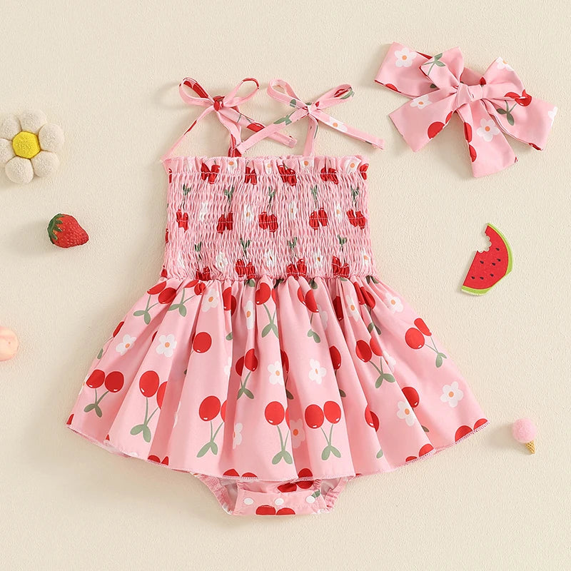 Baby Girl 2Pcs Summer Outfit Sleeveless Tie Strap Cherry Print Romper Skirt Dress with Headband Set