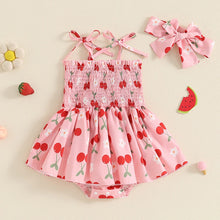 Load image into Gallery viewer, Baby Girl 2Pcs Summer Outfit Sleeveless Tie Strap Cherry Print Romper Skirt Dress with Headband Set
