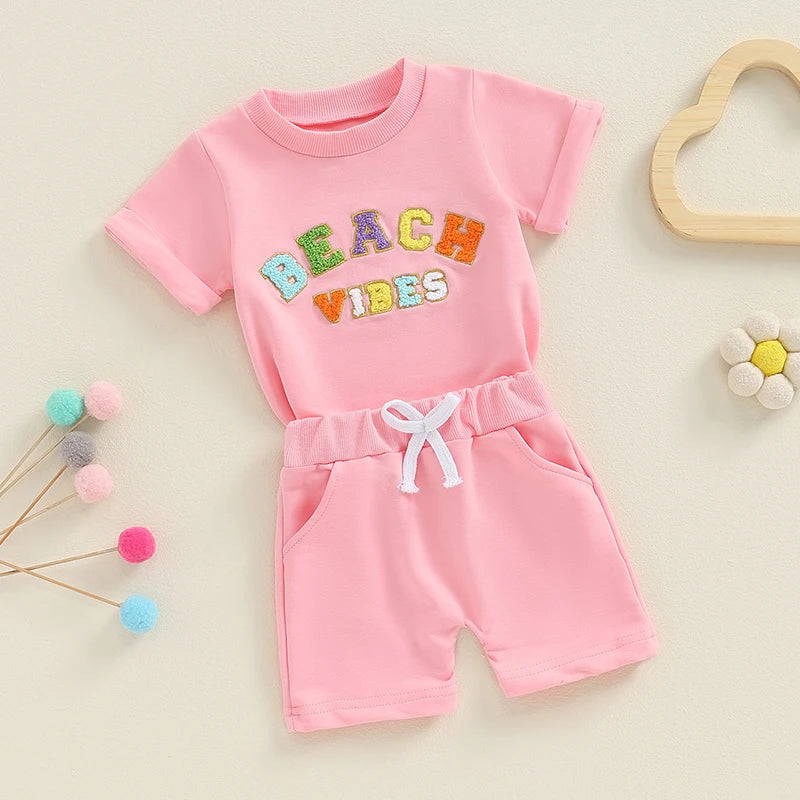 Baby Toddler Girls 2Pcs Beach Vibes Short Sleeve Embroidery Letters Top with Elastic Waist Shorts Summer Outfit Set