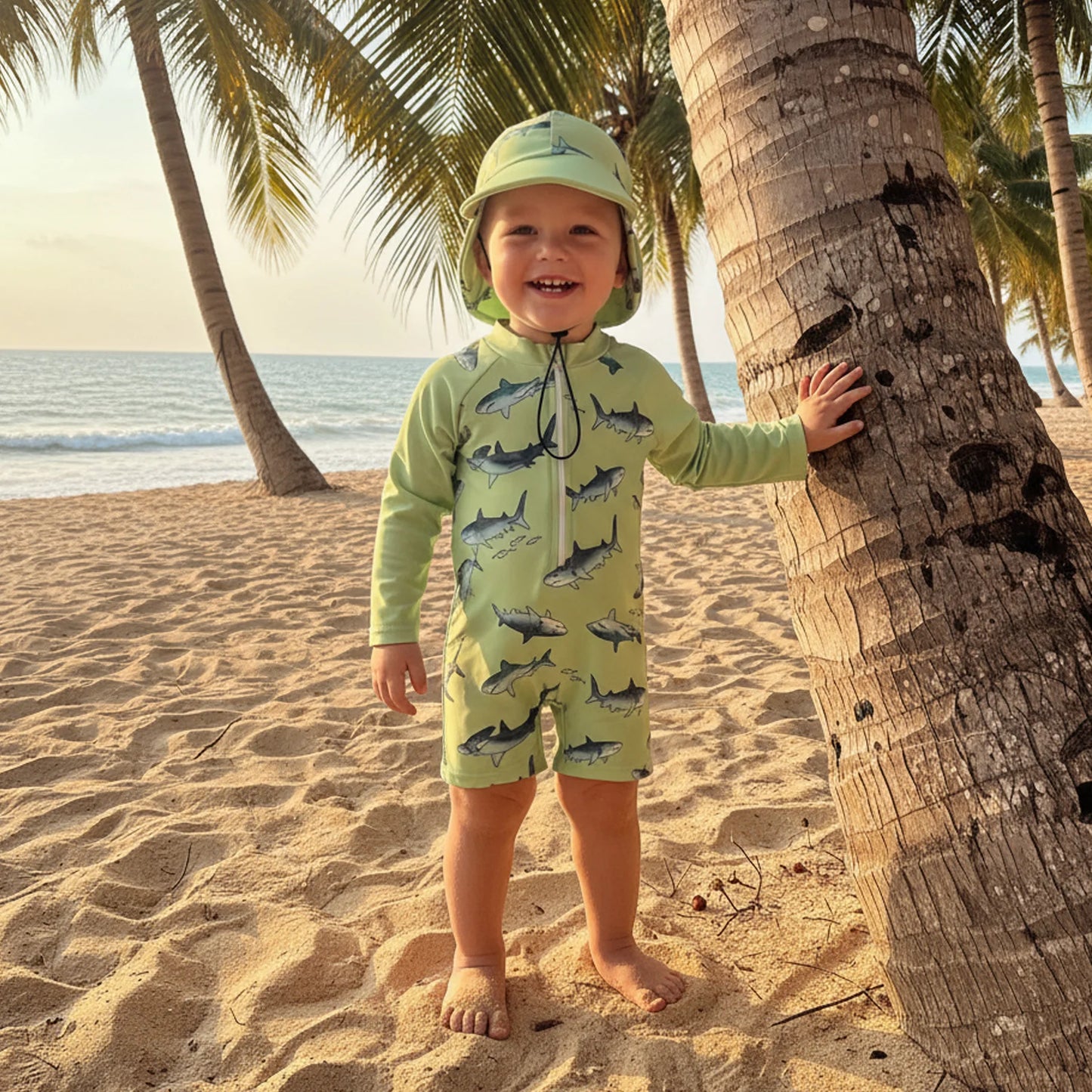 Baby Toddler Boys 2Pcs Casual Shark Print Zipper Long Sleeve Bathing Suit Romper with Swim Cap Set