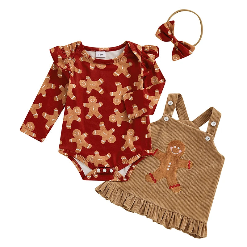 Baby Girls 3Pcs Christmas Outfit Reindeer / Gingerbread Man Print Romper Corduroy Overalls Dress Headband Bow Set