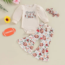 Load image into Gallery viewer, Baby Girl 3Pcs Game Day Clothes Letter Mama&#39;s Girl Long Puff Sleeve Romper Football Flare Pants Bow Headband Outfit Set
