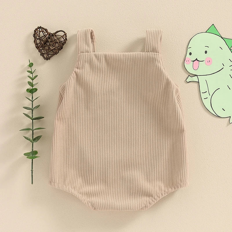 Baby Girls Boys Summer Romper Sleeveless Dinosaur Shark Rainbow Embroidery Button Ribbed Tank Top Overalls Romper