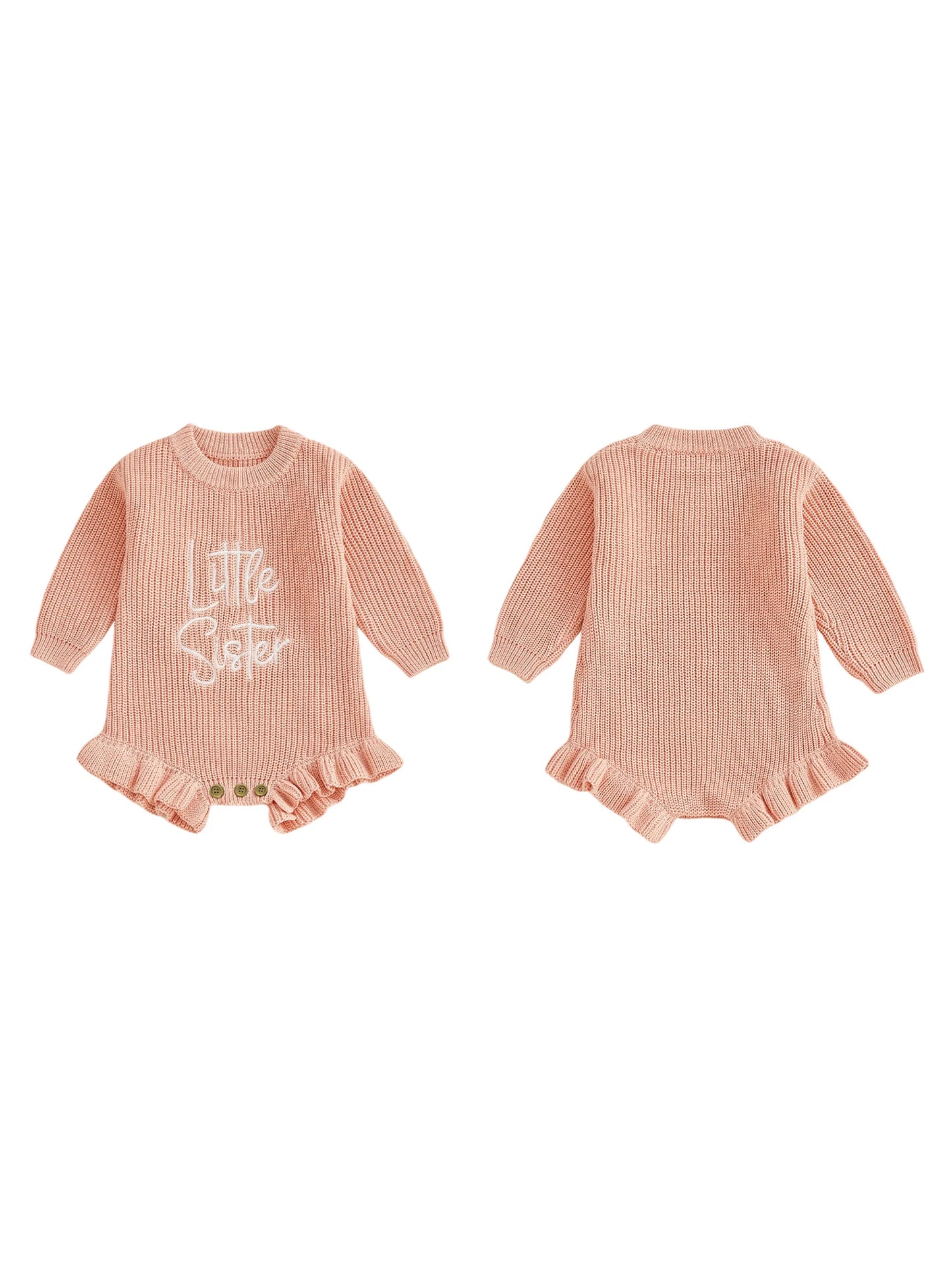 Baby Girl Sweater Romper Little Sister Long Sleeve Round Neck Letter Embroidery Knit Bodysuit