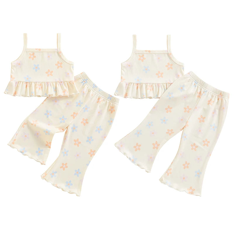 Baby Toddler Girls 2Pcs Clothes Set Flower Print Sleeveless Tank Top Camisole with Flare Pants Summer Outfit