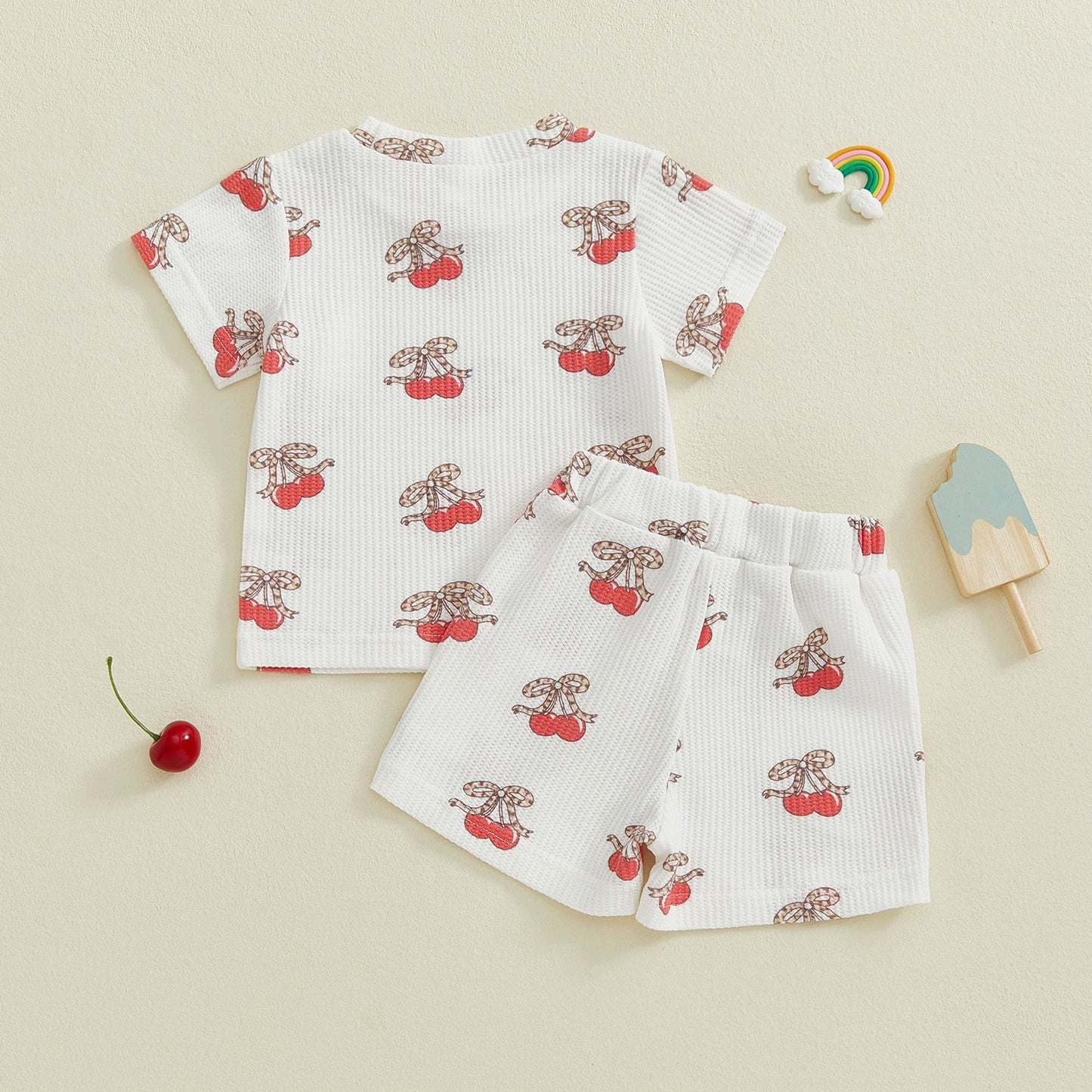 Baby Toddler Girls 2Pcs Outfits Fashionable Bow Cherry Print Short Sleeve Round Neck Top and Shorts Set