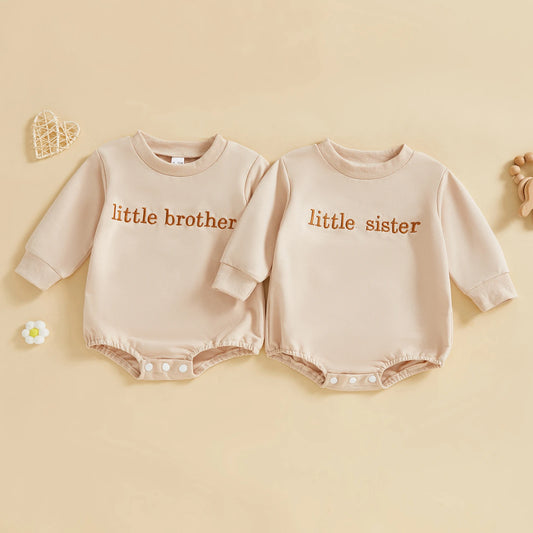 Baby Girls Boys Little Brother Sister Fall Romper Letter Embroidery Long Sleeve Round Neck Bubble Jumpsuit