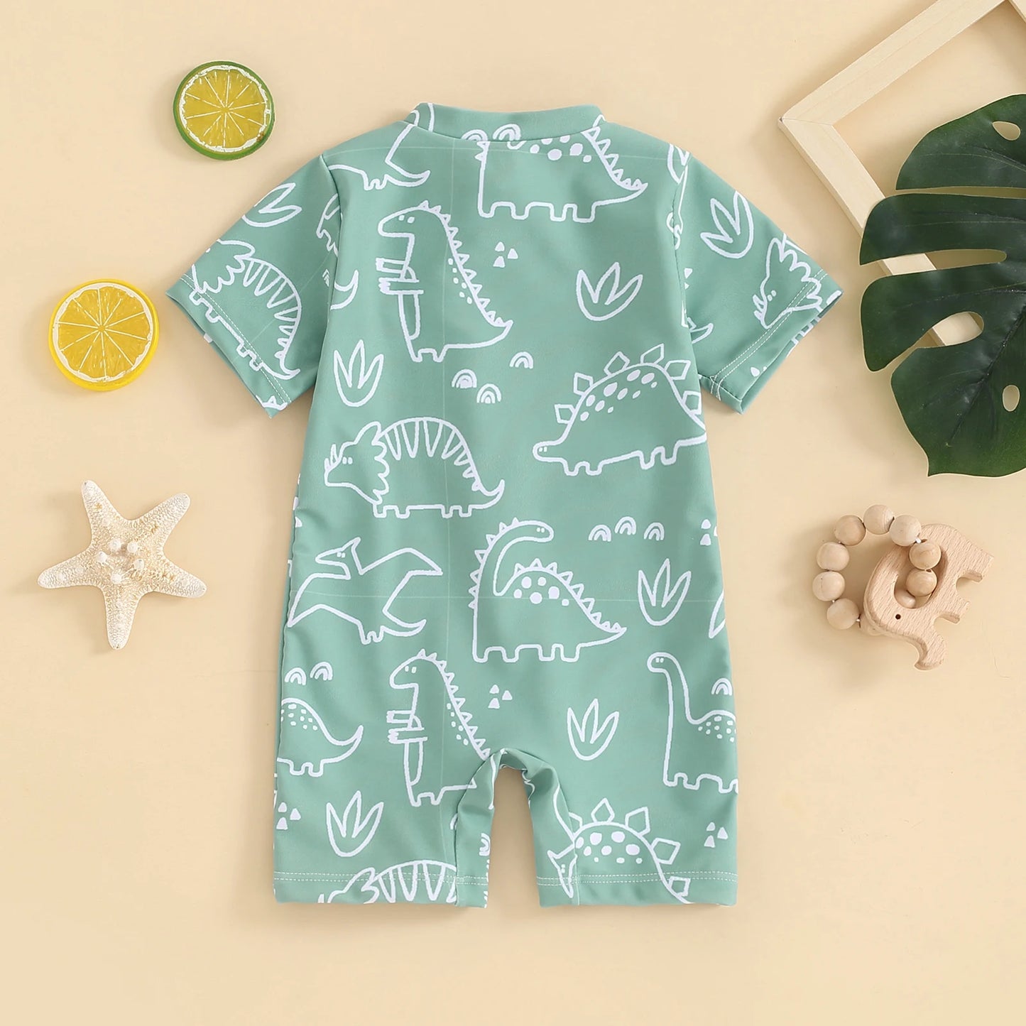 Baby Toddler Boy's Swimwear Short Sleeve Dinosaur Penguin Print Half Zip Up Rash Guard Bathing Suit