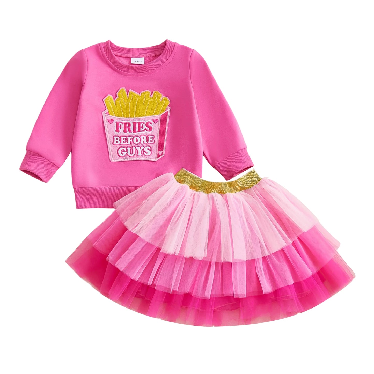 Baby Toddler Girls 2Pcs Fall Outfit French Fries Before Guys Letter Embroidered Long Sleeve Top and Layered Tulle Tutu Skirt Set