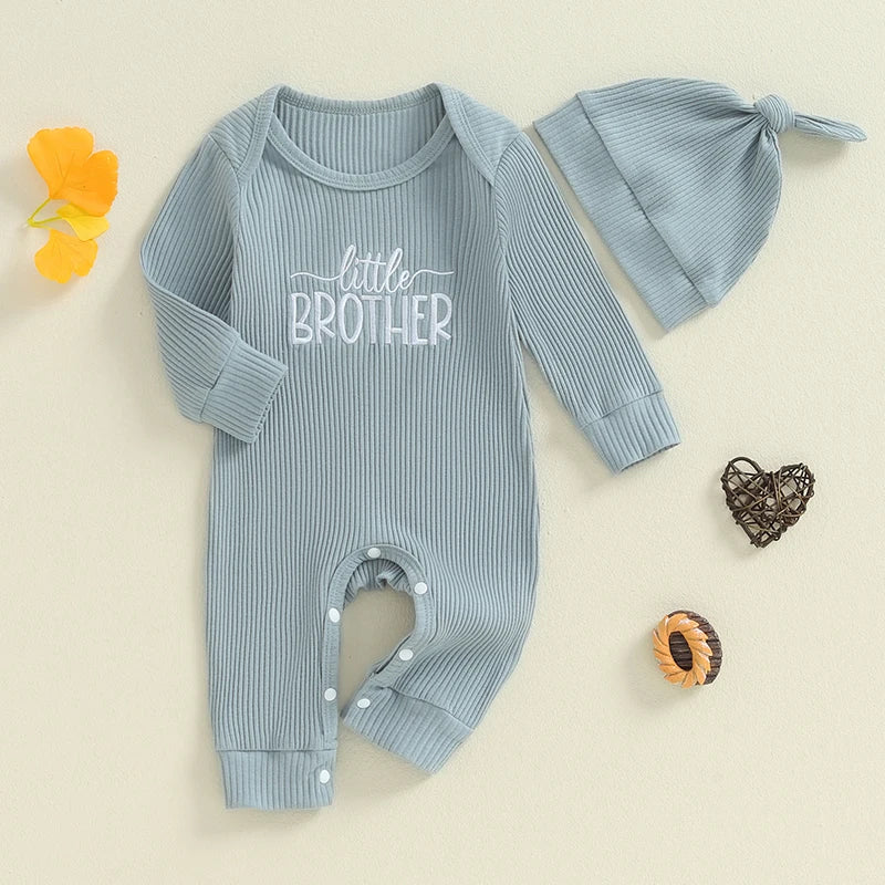 Baby Girls Boys 2Pcs New To The Crew / Little Brother / Sister Autumn Jumpsuit Long Sleeve Crewneck Letter Embroidery Romper with Hat Set