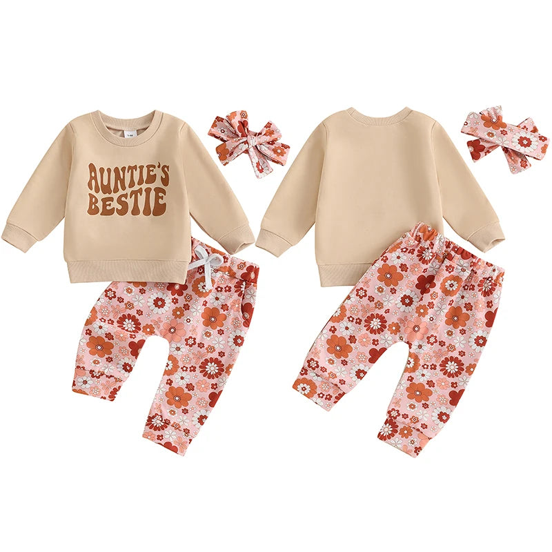 Baby Toddler Girls 3Pcs Outfit Auntie's Bestie Letter Print Long Sleeve Crewneck Top and Floral Flowers Print Jogger Pants Headband Clothes Set