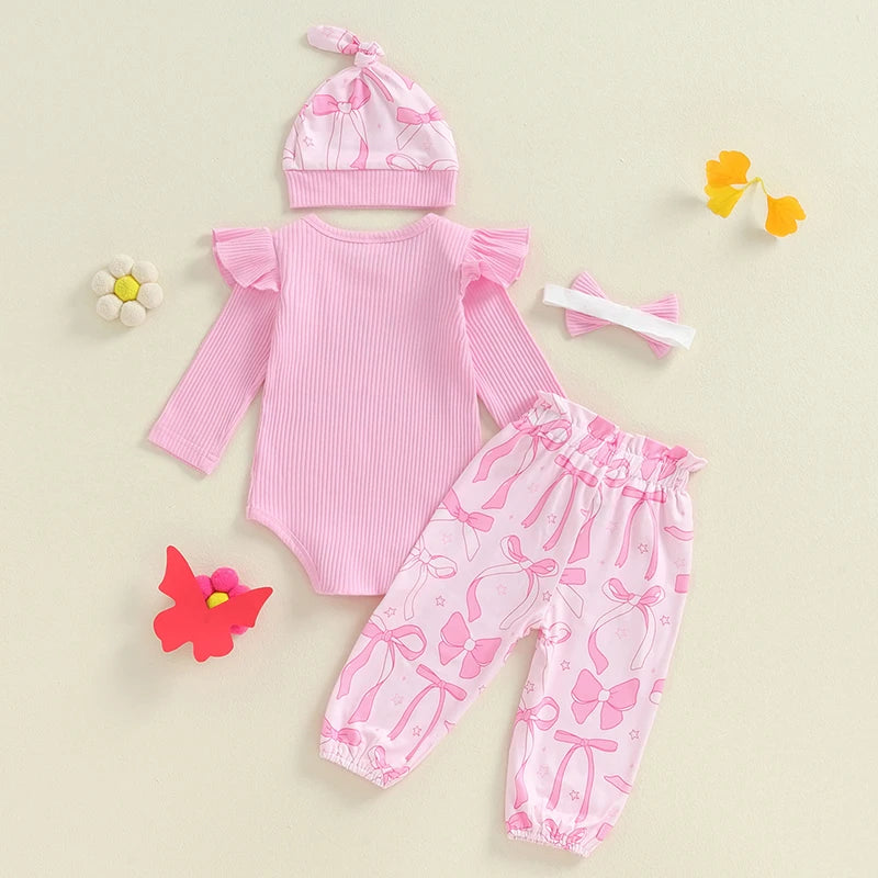 Baby Girls 4Pcs Hello I'm New Here Outfit Letter Long Sleeve Romper with Bow / Butterfly Pattern Pants and Headband Hat Set