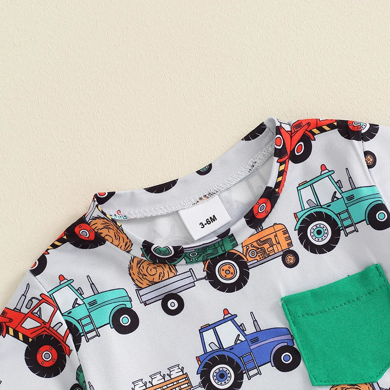 Baby Toddler Boys 2Pcs Farm Outfit Animal Tractor Print Pocket Short Sleeve Top with Elastic Waist Shorts Set