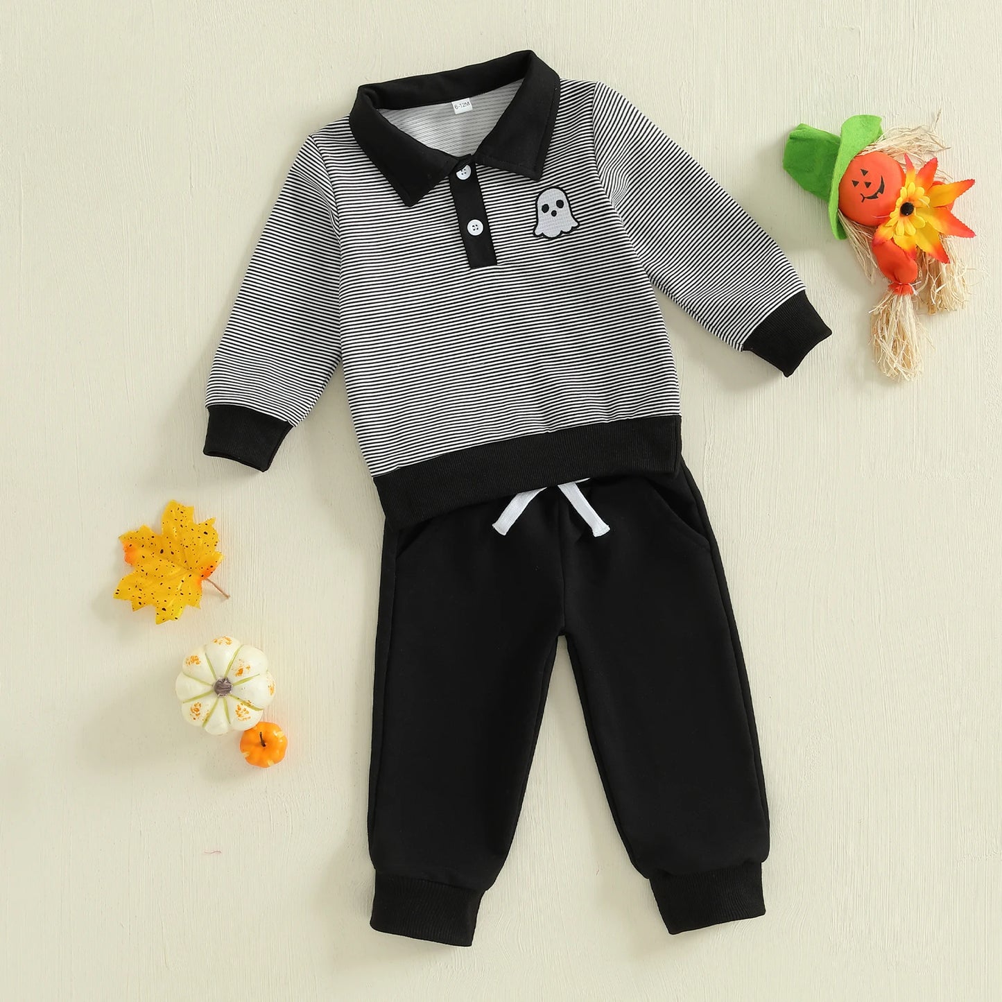 Baby Toddler Boys 2Pcs Halloween Outfit Ghost Embroidery Striped Long Sleeve Top with Pants Jogger Set