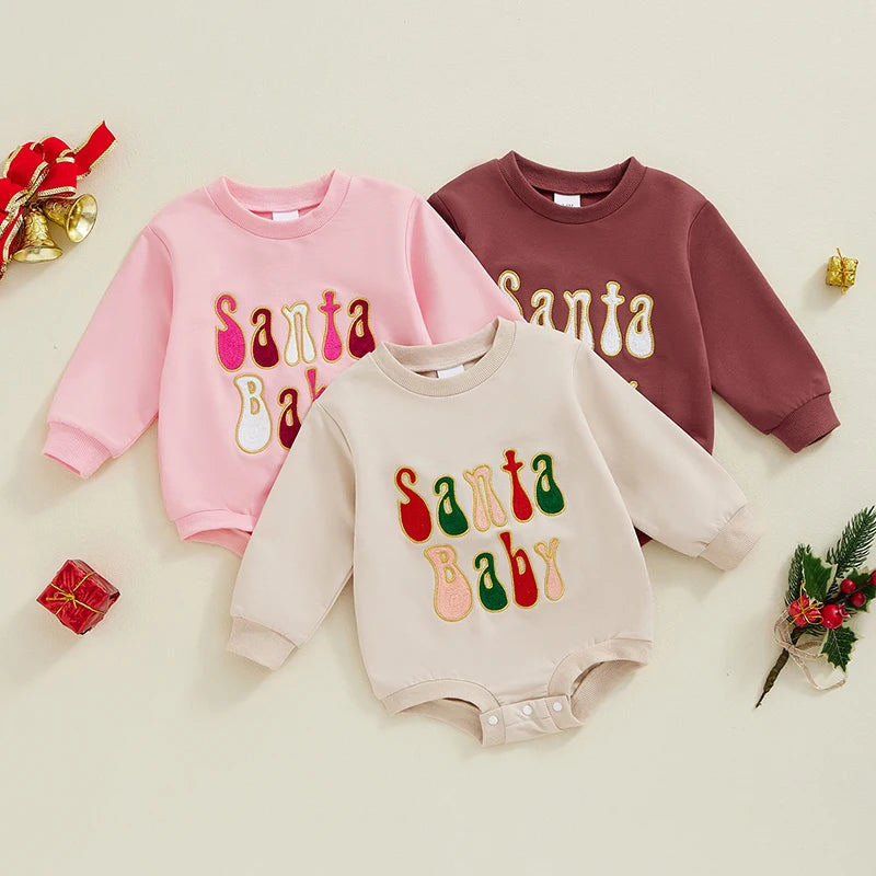 Baby Girls Boys Santa Baby Christmas Jumpsuit Letter Embroidered Round Neck Long Sleeve Bubble Romper