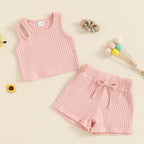 Baby Toddler Girls 2Pcs Ribbed Tank Top Elastic Waistband Drawstring Shorts Matching Outfit Set