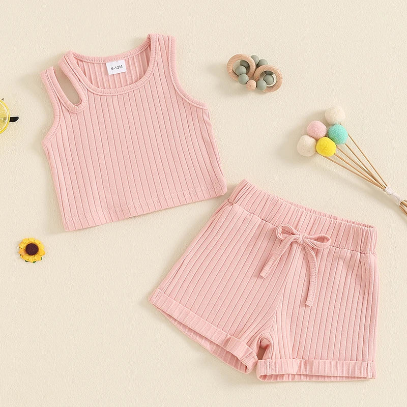 Baby Toddler Girls 2Pcs Ribbed Tank Top Elastic Waistband Drawstring Shorts Matching Outfit Set