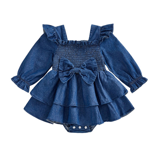 Baby Girl Denim Romper Dress Fashionable Cute Solid Color Long Bubble Sleeve Jumpsuit