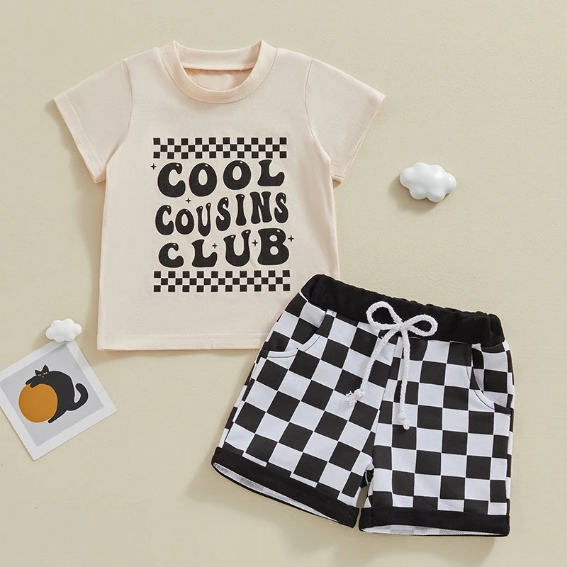 Baby Toddler Boy 2Pcs Cool Cousins Club Letter Print Top and Checkered Shorts Clothing Set Outfit