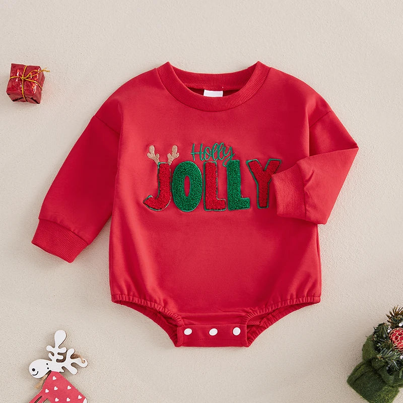 Baby Girls Boys Holly Jolly Christmas Bubble Romper Antler Letter Embroidered Long Sleeve Round Neck Jumpsuit