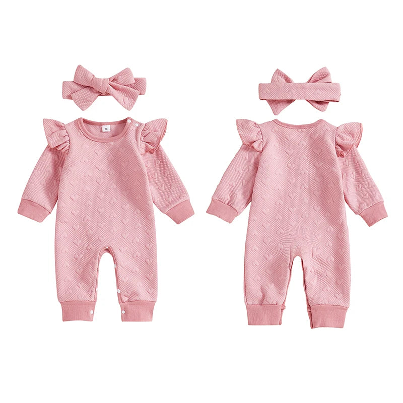 Baby Girls 2Pcs Heart Pattern Set Ruffled Trim Long Sleeve Round Neck Full Leg Romper Headband Outfit Set