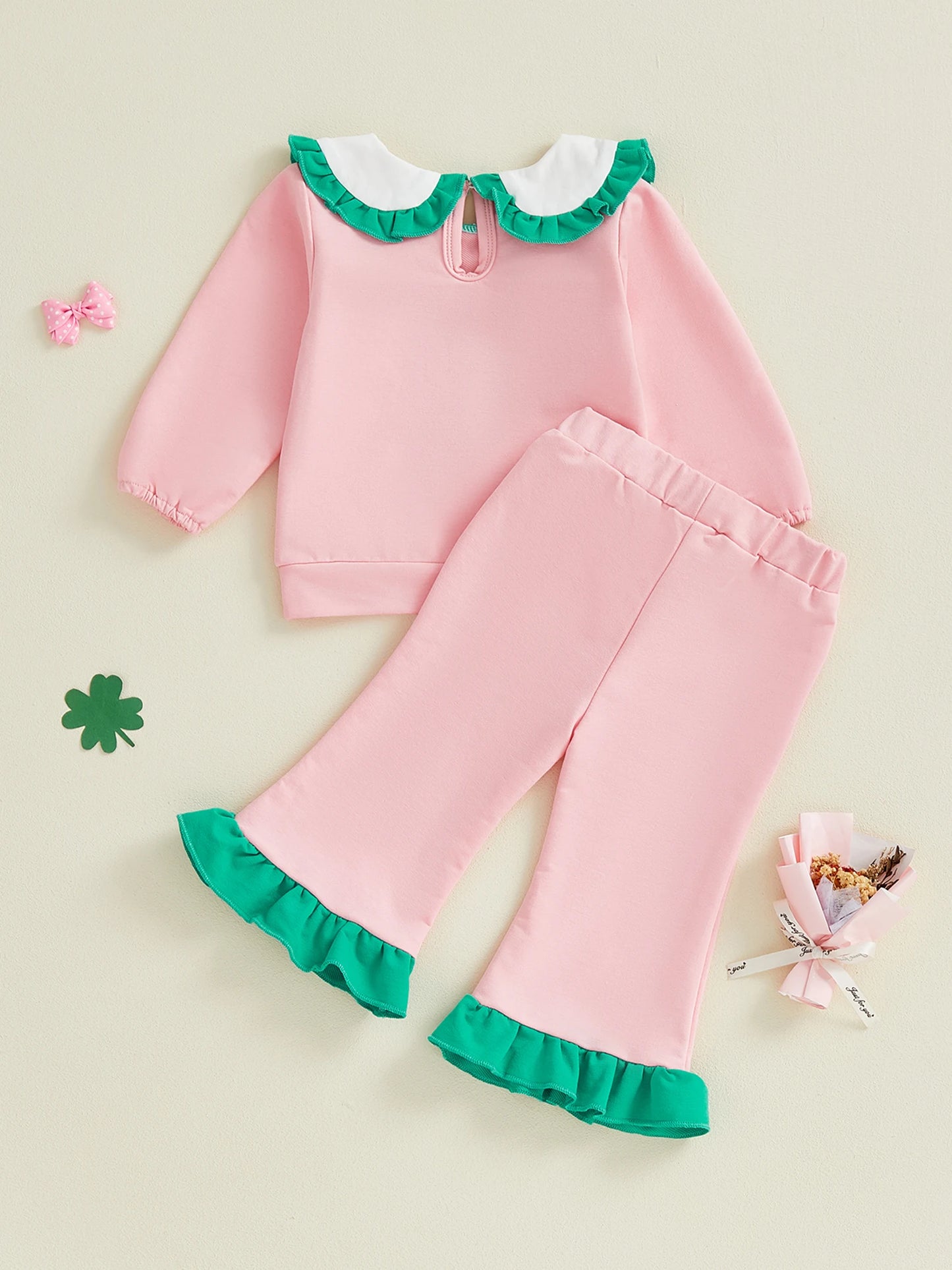 Baby Toddler Girl 2Pcs Spring Outfit Clover Bow Embroidered Doll Collar Top and Flare Pants 2 Piece Set