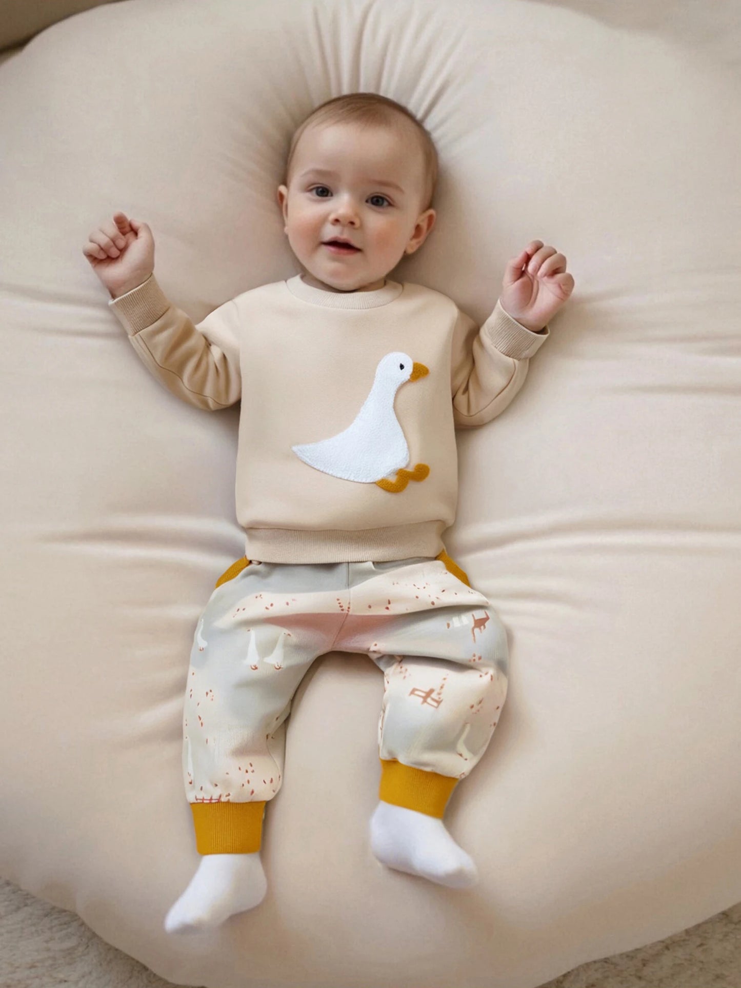 Baby Toddler Boys 2Pcs Fall Set Fashionable Long Sleeve Chicken/Duck Embroidery Pullover Top with Print Jogger Pants 2 Pcs Outfits