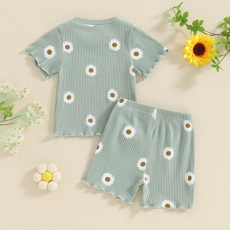 Toddler Baby Girl 2Pcs Spring Summer Flower Butterfly Print Clothes Ruffle Ribbed Short Sleeve Tops + Matching Shorts Outfit Set