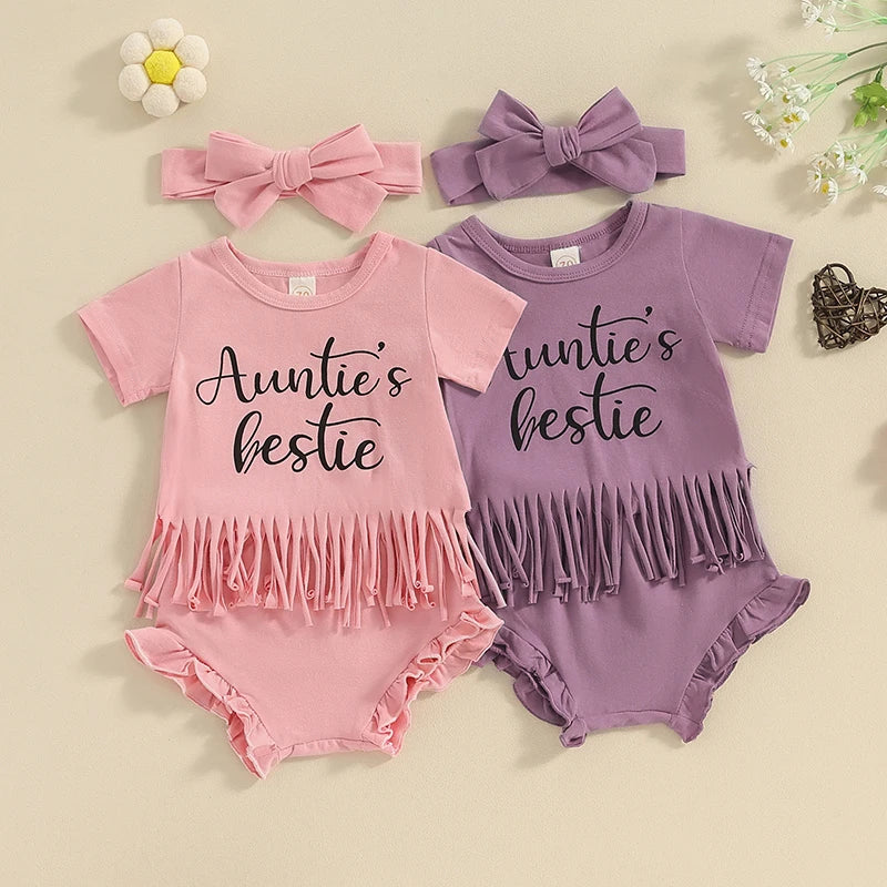 Toddler Baby Girl 3Pcs Auntie's Bestie Set Print Short Sleeve Crew Neck T-Shirt Frill Shorts Headband Set