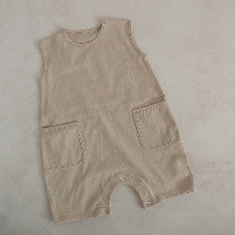 Baby Boys Girls Romper Playsuit Jumpsuit 100% Cotton Neutral Colours Pockets Soft Solid Baby Onepiece Clothes