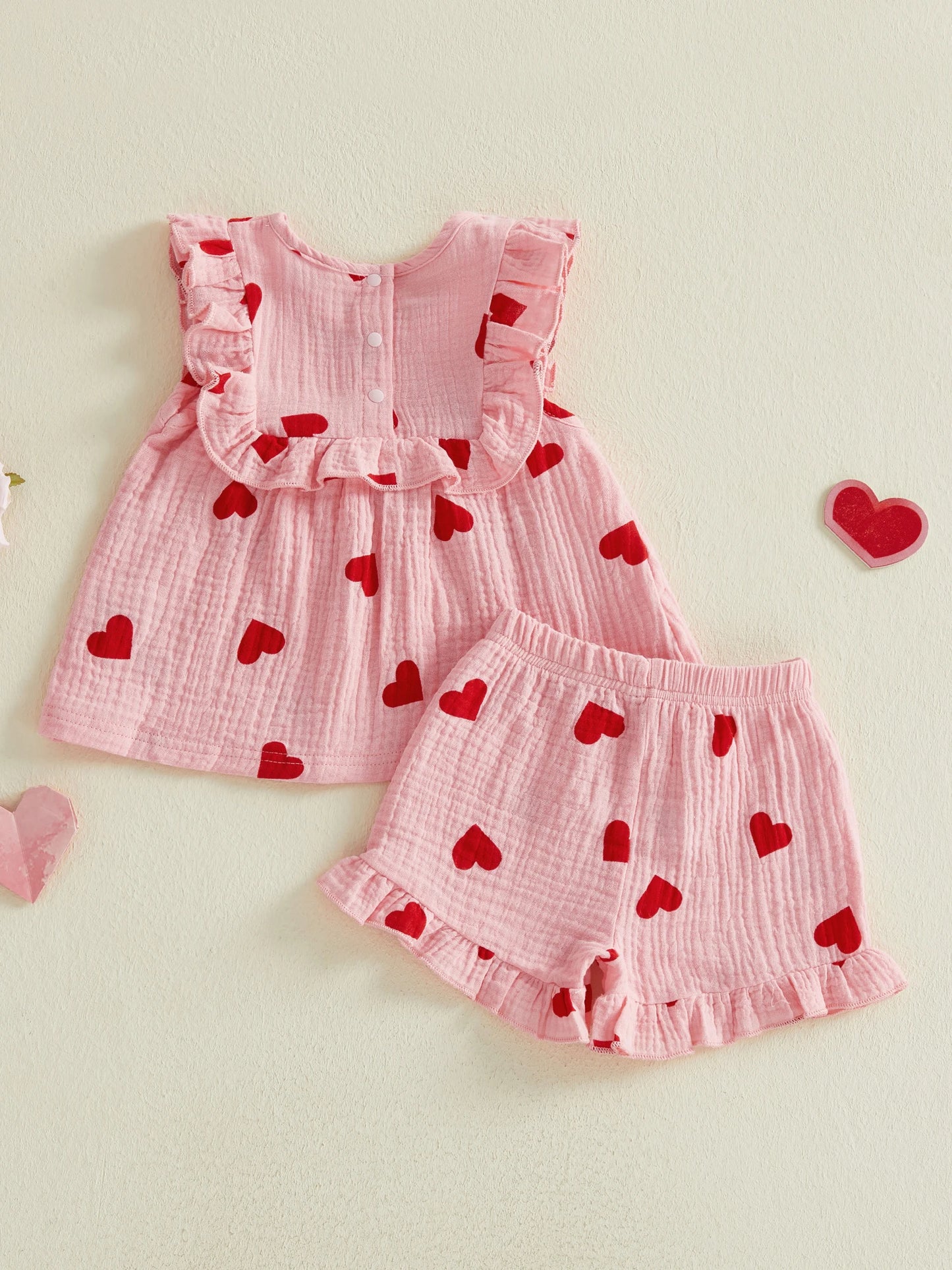 Baby toddler Girls 2Pcs Valentine's Day Outfit Love Heart Print Ruffled Trim Crew Neck Sleeveless Top and Bow Shorts Set