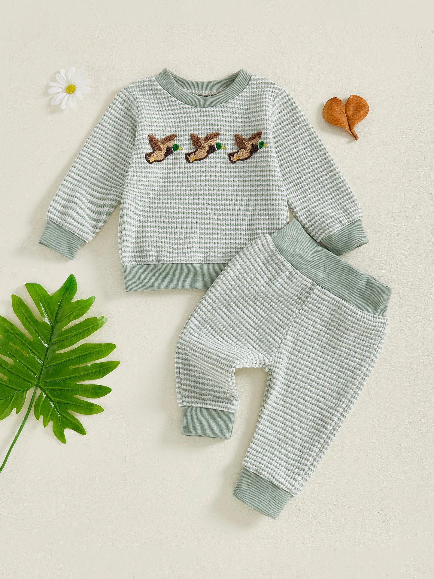 Baby Toddler Boys 2Pcs Fall Sets Long Sleeve Round Neck Duck Embroidery Top Striped Pants Jogger Set