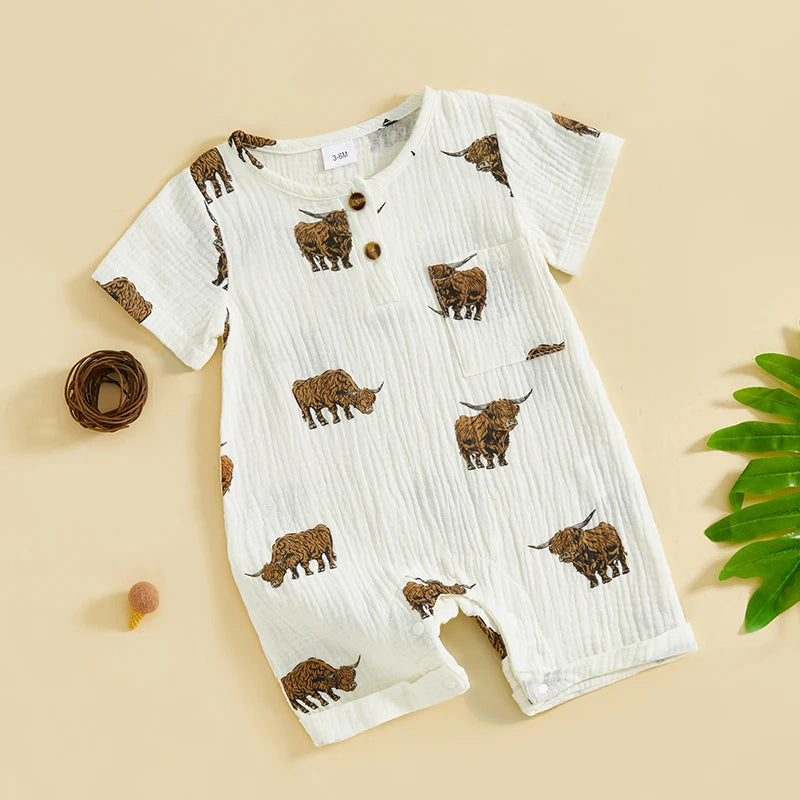 Baby Boys Girls Summer Cattle Cow Print Jumpsuit Short Sleeve Round Neck Button Up Casual Romper