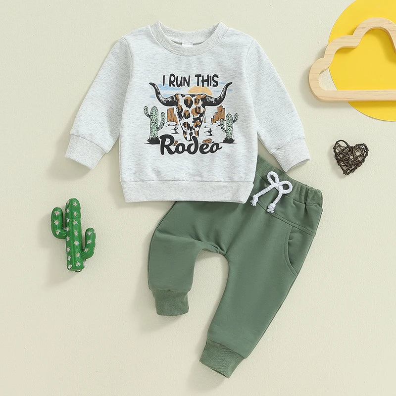 Baby Toddler Boys 2Pcs I Run The Rodeo Cowboy Clothes Set Long Sleeve Crew Neck Letters Western Cow Print Top with Elastic Waist Pants Set