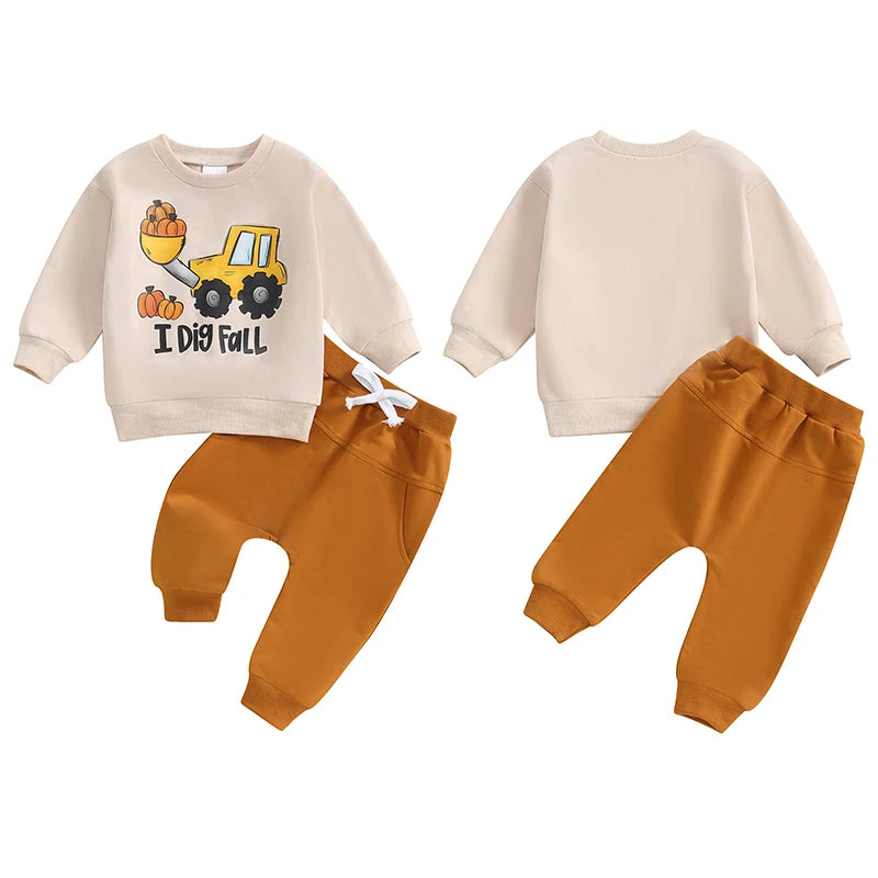 Baby Toddler Boys 2Pcs I Dig Fall Halloween Thanksgiving Outfit Tractor Pumpkin Print Long Sleeve Crew Neck Top and Elastic Pants Set