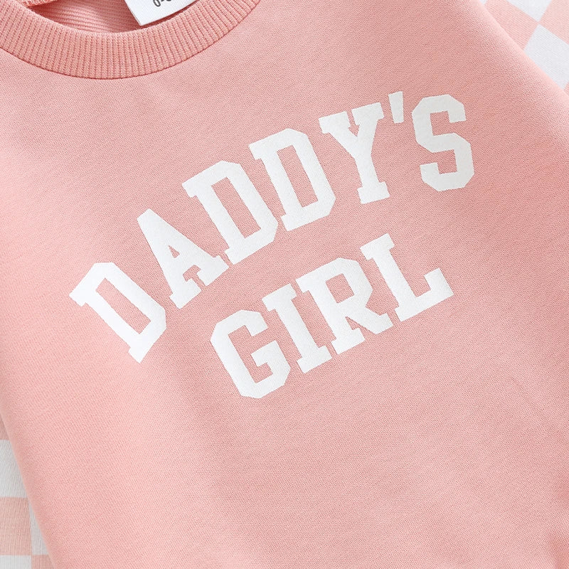 Toddler Baby Girl 2Pcs Daddy‘s Girl Letters Print Checkered Pattern Long Sleeve Crewneck Top Jogger Pants Set Outfit