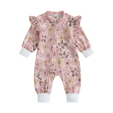 Load image into Gallery viewer, Baby Girls Romper Fall Jumpsuit Long Sleeve Crew Neck Flower Print Zipper Closure Romper
