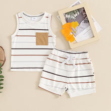 Load image into Gallery viewer, Toddler Baby Boy 2Pcs Ribbed Outfit Striped Sleeveless Round Neck Tank Top with Pocket + Elastic Waist Shorts Summer Set
