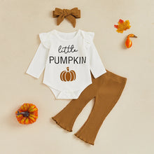 Load image into Gallery viewer, Baby Girls 3Pcs Little Pumpkin Halloween Outfit Pumpkin Print Ruffle Long Sleeve Romper Ribbed Flare Pants Headband Set
