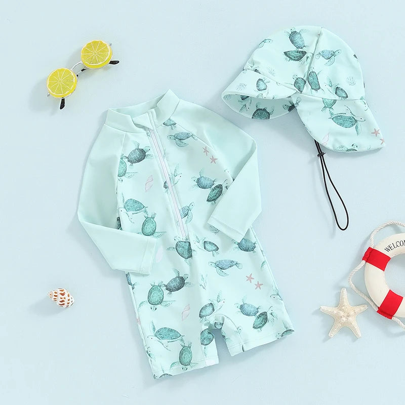 Baby Toddler Boy 2Pcs Swimwear Set Dinosaurs / Turtle / Whale Print Long Sleeve Swimsuit Sun Hat Bathing Suit Outfit Set