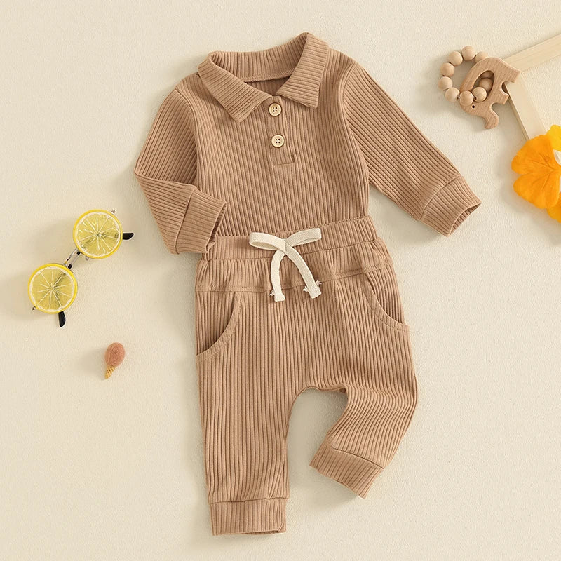 Baby Boys Girls 2Pcs Ribbed Set Button Long Sleeve Romper with Collar Drawstring Pocket Long Pants Outfit Clothes